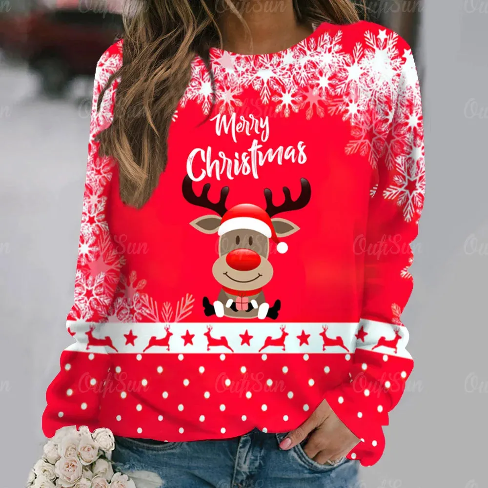 Ashore Shop Christmas Women Long Sleeves T-Shir t Elk Print Imitation Cotton T Shirt Pullover